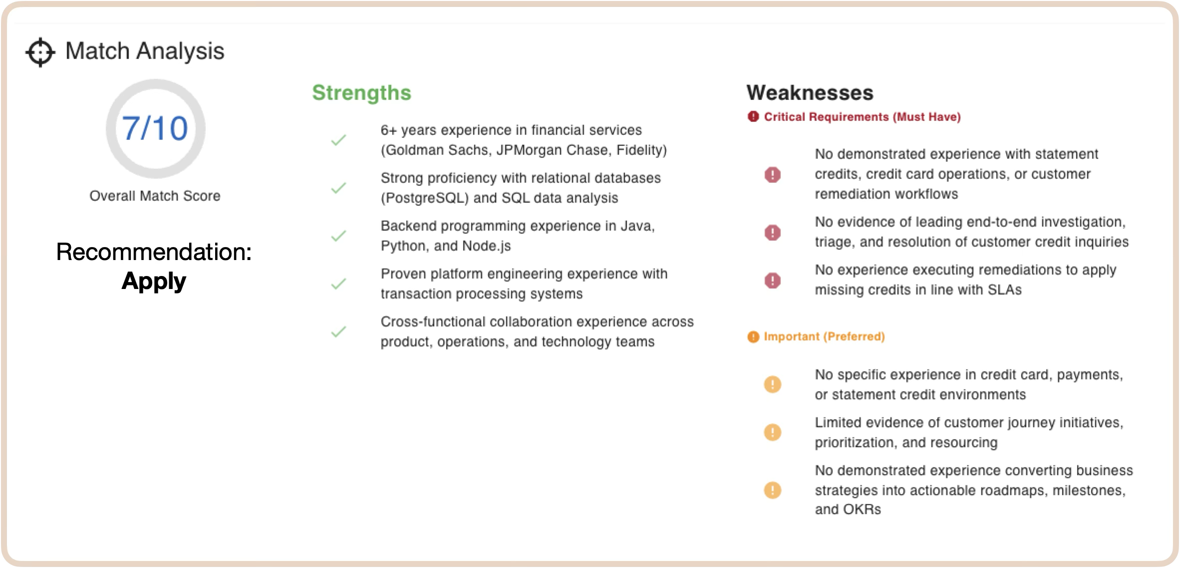 Match list of requirements