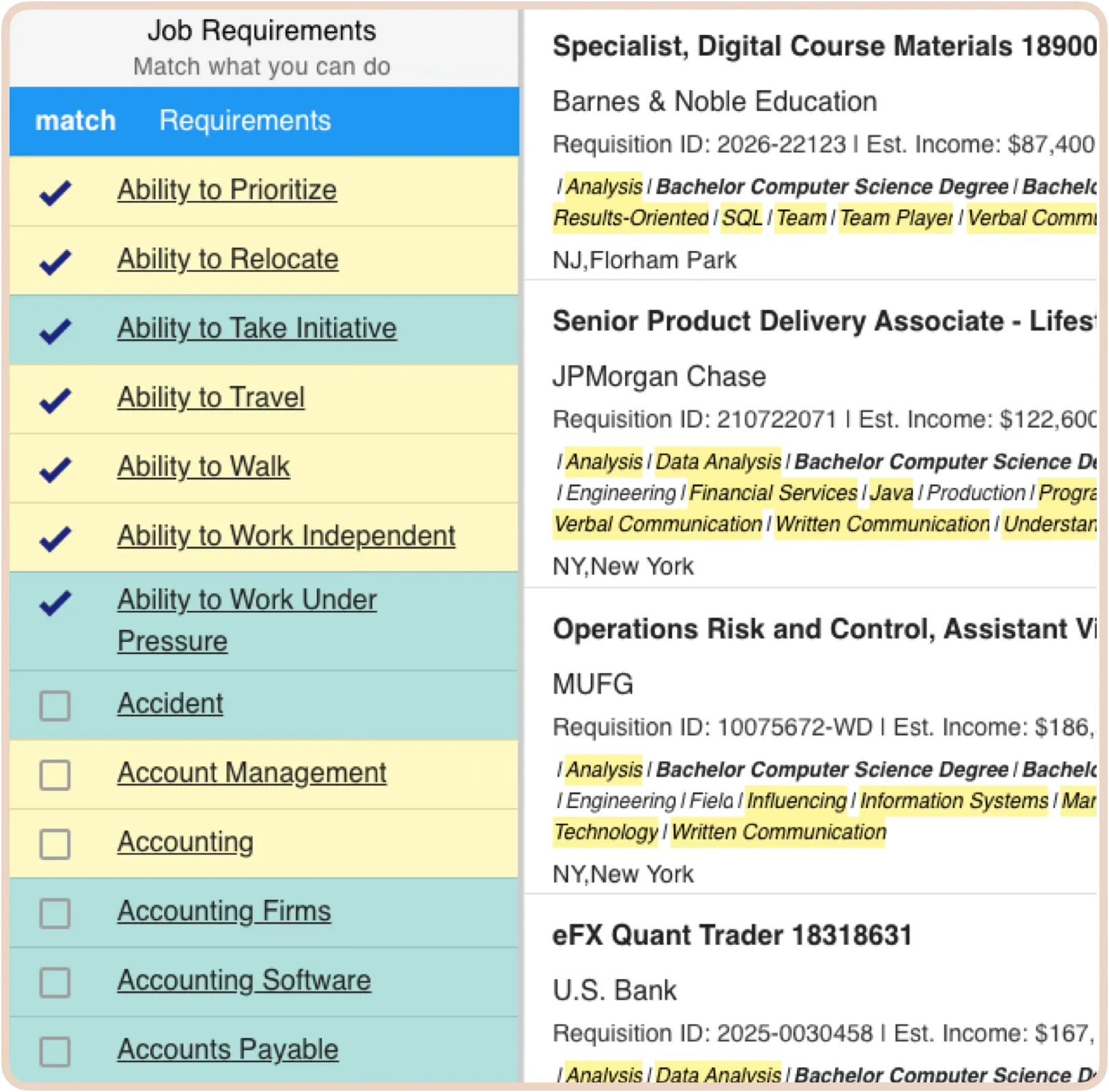 Match list of requirements