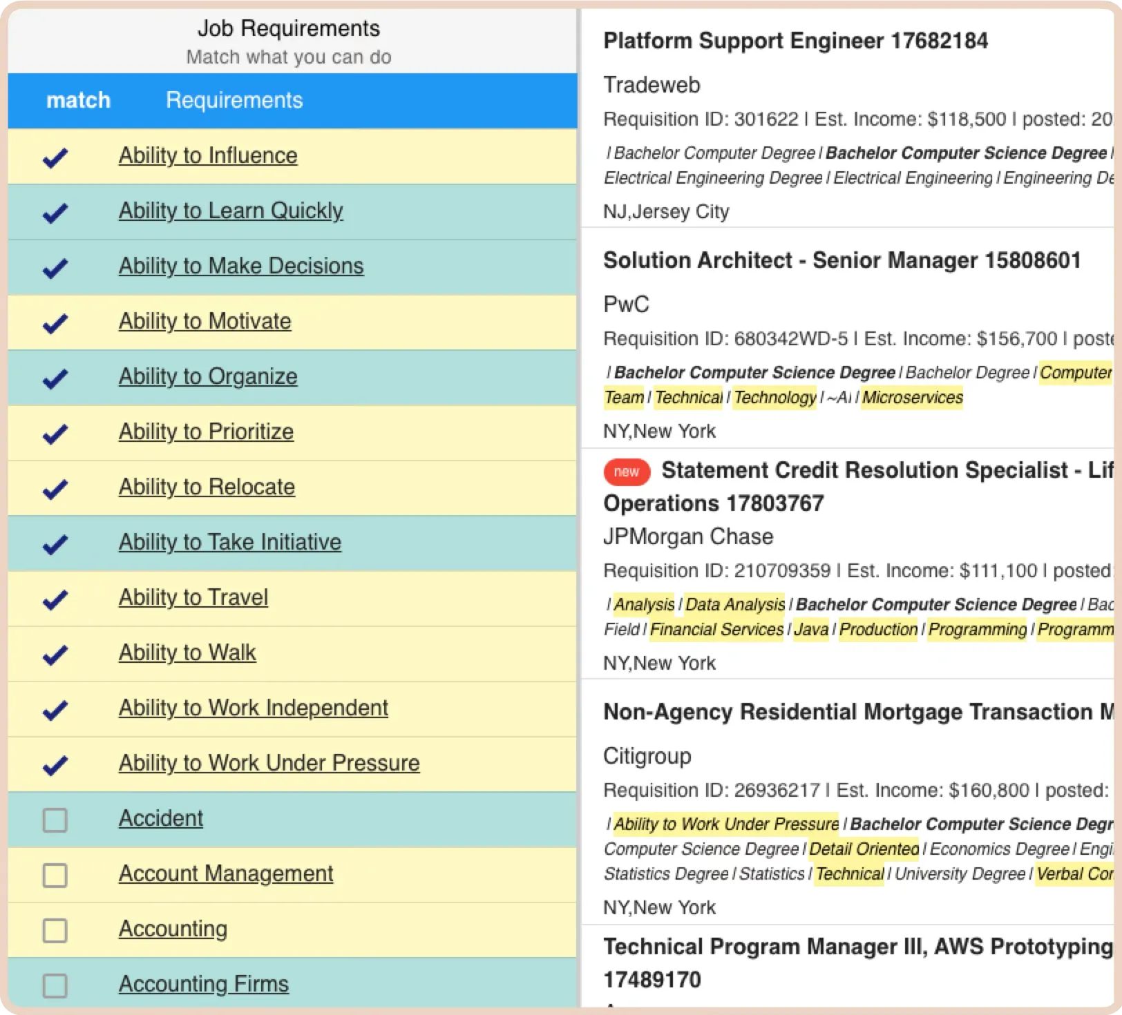 Match list of requirements