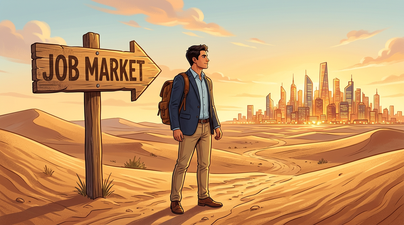 Job seeker looking at a sign pointing to the job market